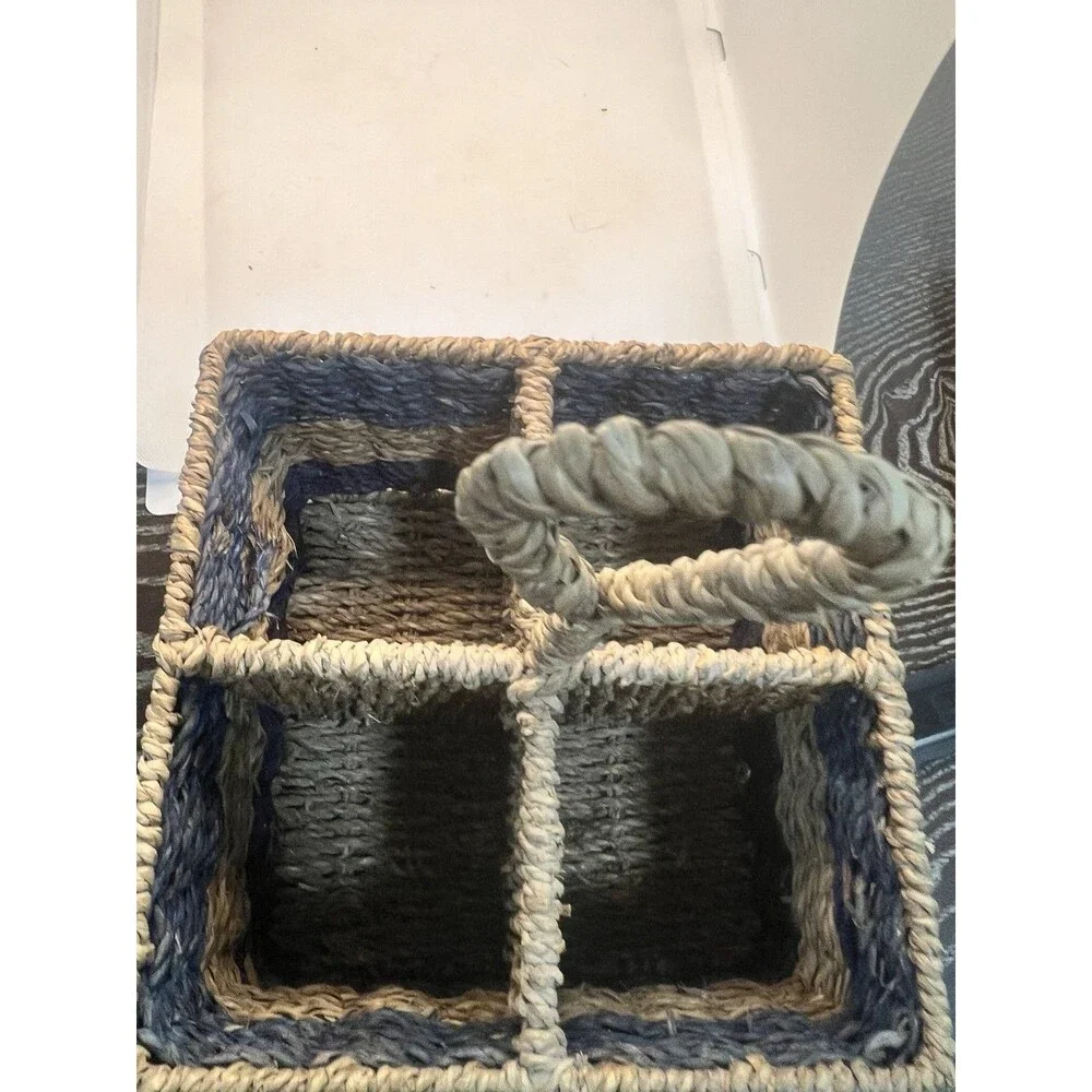 Seagrass Basket Vintage silverware caddy Blue Handle Ocean Decor summer table